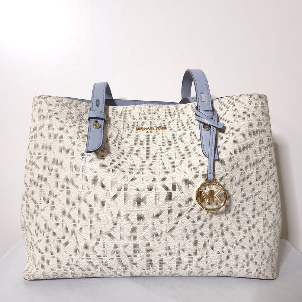 Michael Kors Signature MK Logo Tote Cream/Light Blue Leather Shoulder Bag Walsh - Picture 2 of 13